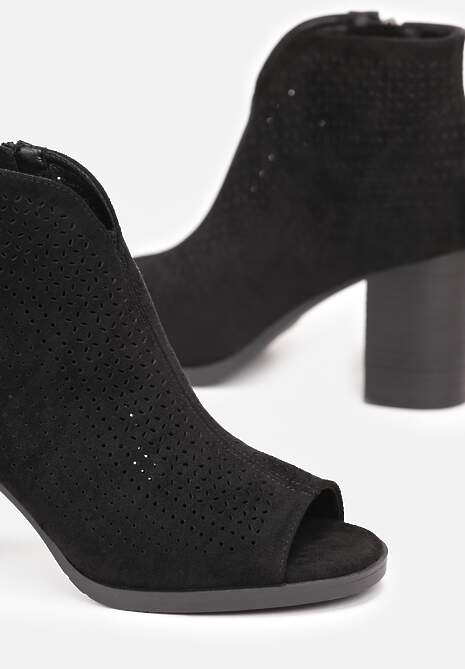 Czarne Botki Peep Toe na Słupku Zdobione Drobnymi Wycięciami Sallely