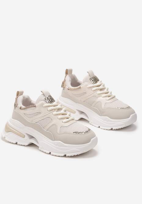 Beżowe Sneakersy na Grubej Podeszwie z Siateczką i Błyszczącymi Detalami Xernnia