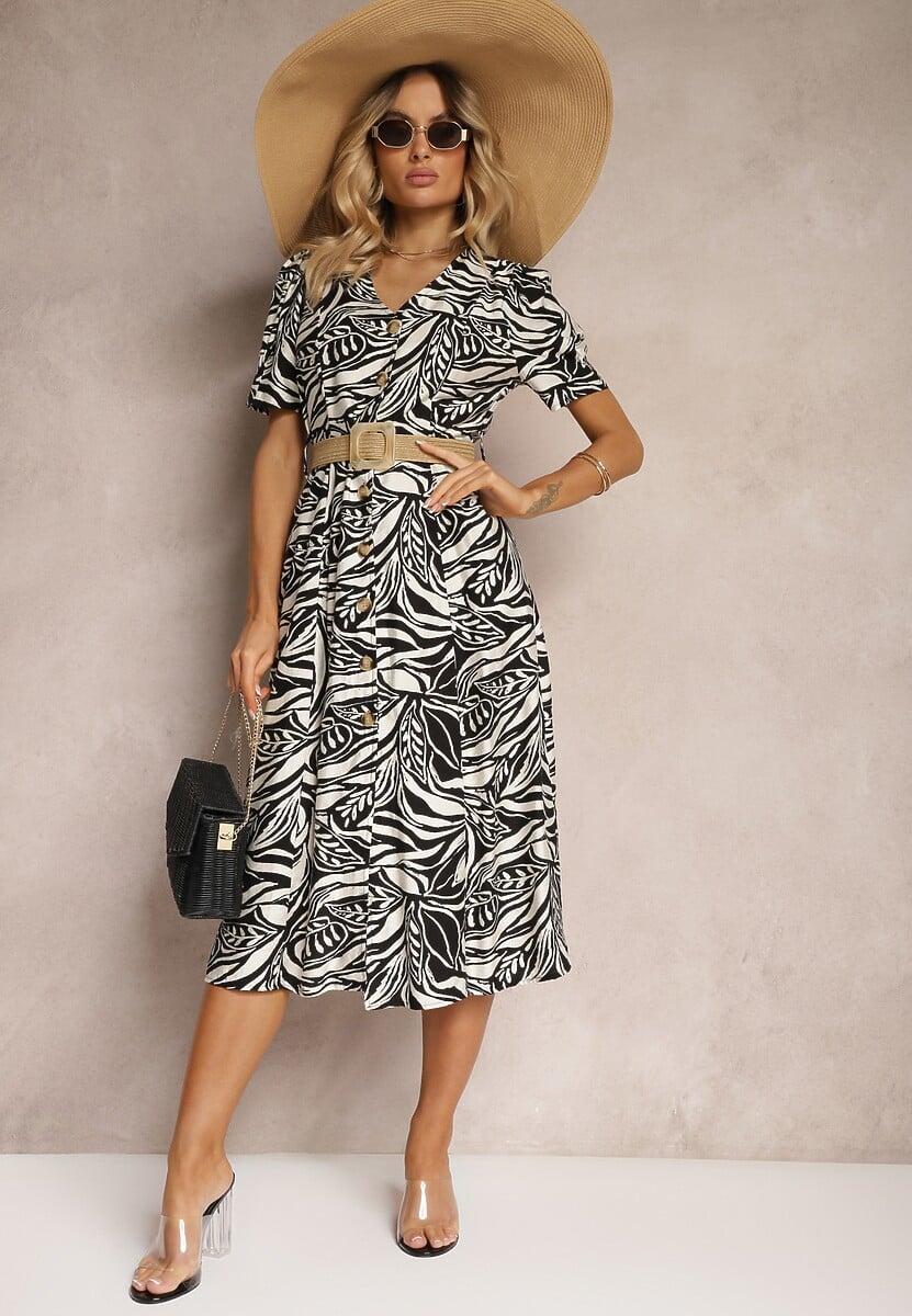 Beżowa Koszulowa Sukienka z Bufiastymi Rękawami i Plecionym Paskiem w Talii Aslatia