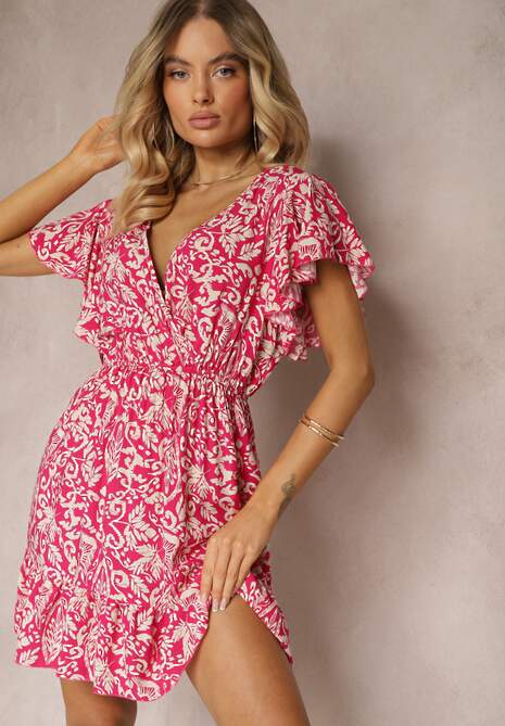 Fuksjowa Sukienka z Bawełny o Rozkloszowanym Kroju Ozdobiona Falbanami i Gumką w Talii Neliaura