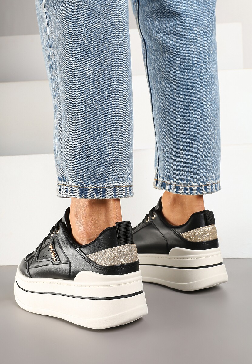 Czarne Sneakersy z Brokatem na Platformie Larinea