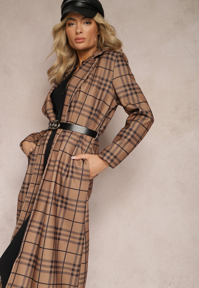 Jasnobrązowy Płaszcz Długi w Geometryczny Wzór z Paskiem Charlo