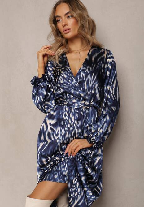Granatowo-Niebieska Rozkloszowana Sukienka z Gumką w Talii i Kopertowym Dekoltem Janiis