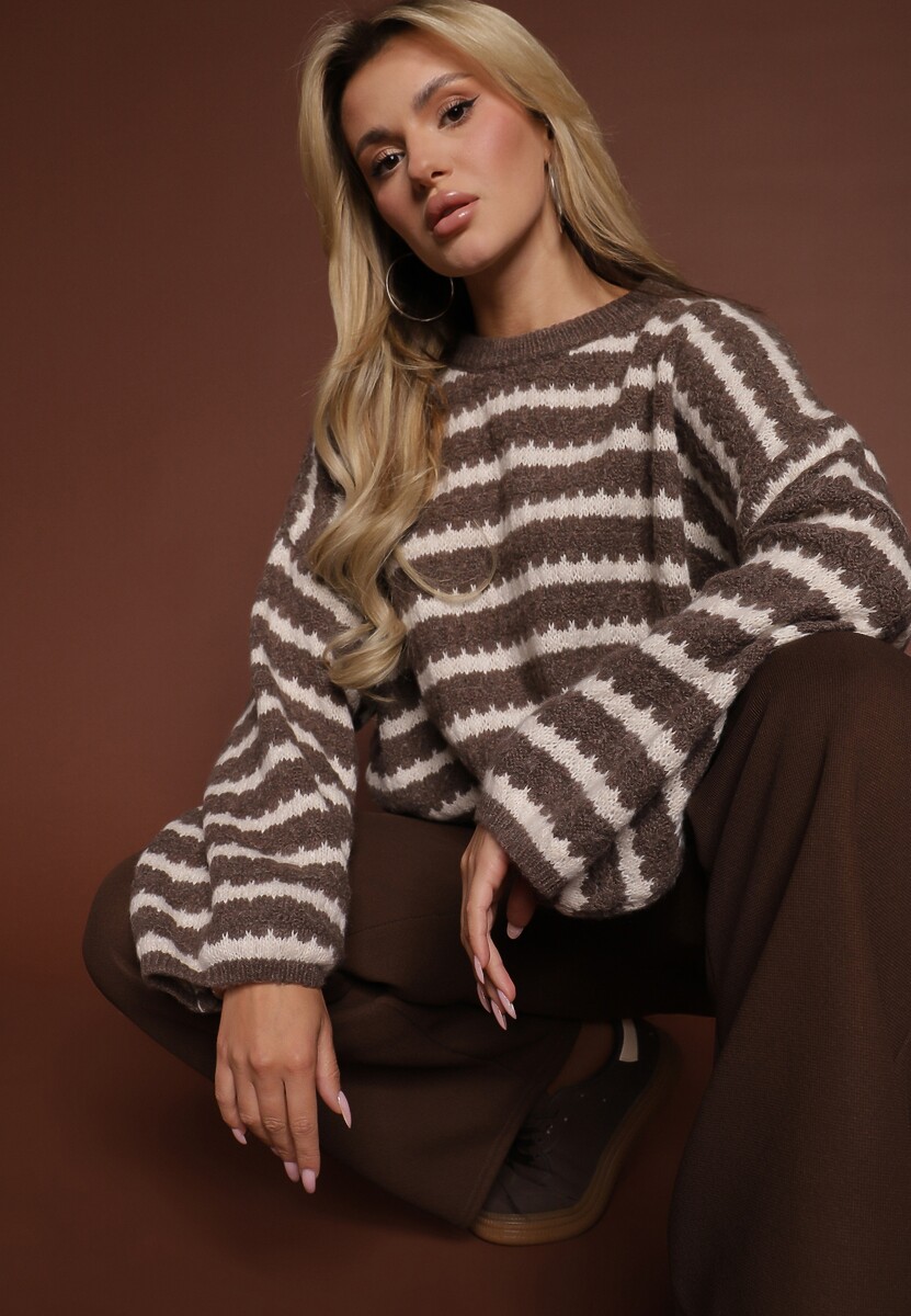 Brązowy Oversizowy Sweter w Paski z Dzianiny z Wełną i Wiskozą Aventole
