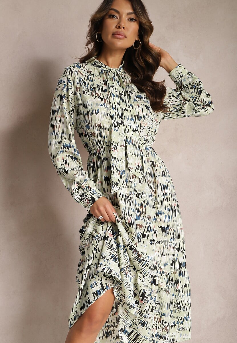 Ciemnobeżowa Rozkloszowana Sukienka Midi z Falbanką i Gumką w Talii Viglira