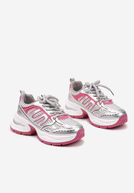 Srebrno-Różowe Sneakersy na Platformie Ozdobionej Tłoczeniem z Geometrycznym Motywem Arivira