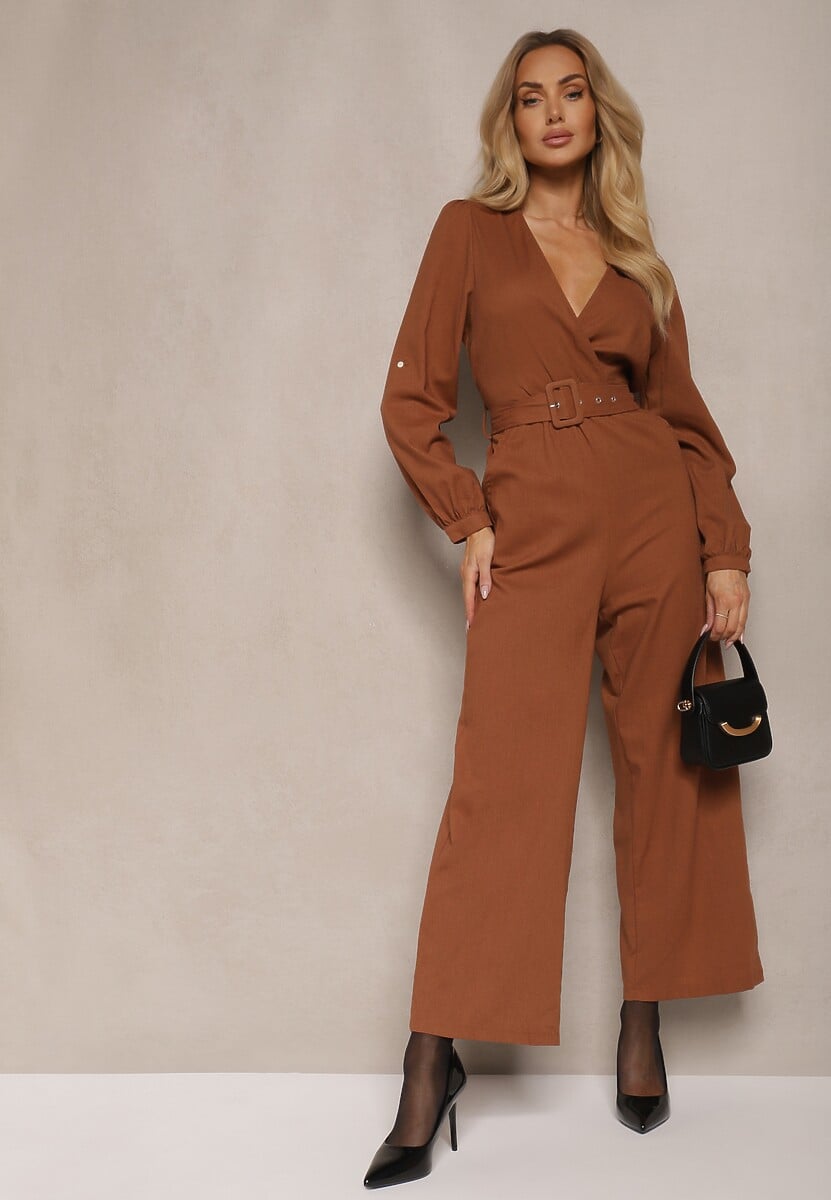 Brązowy Kopertowy Kombinezon z Bawełny z Dodatkowym Paskiem i Gumką w Talii Rinnarela