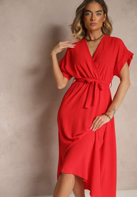 Czerwona Rozkloszowana Sukienka z Gumką w Talii i Wiązaniem Sepenira