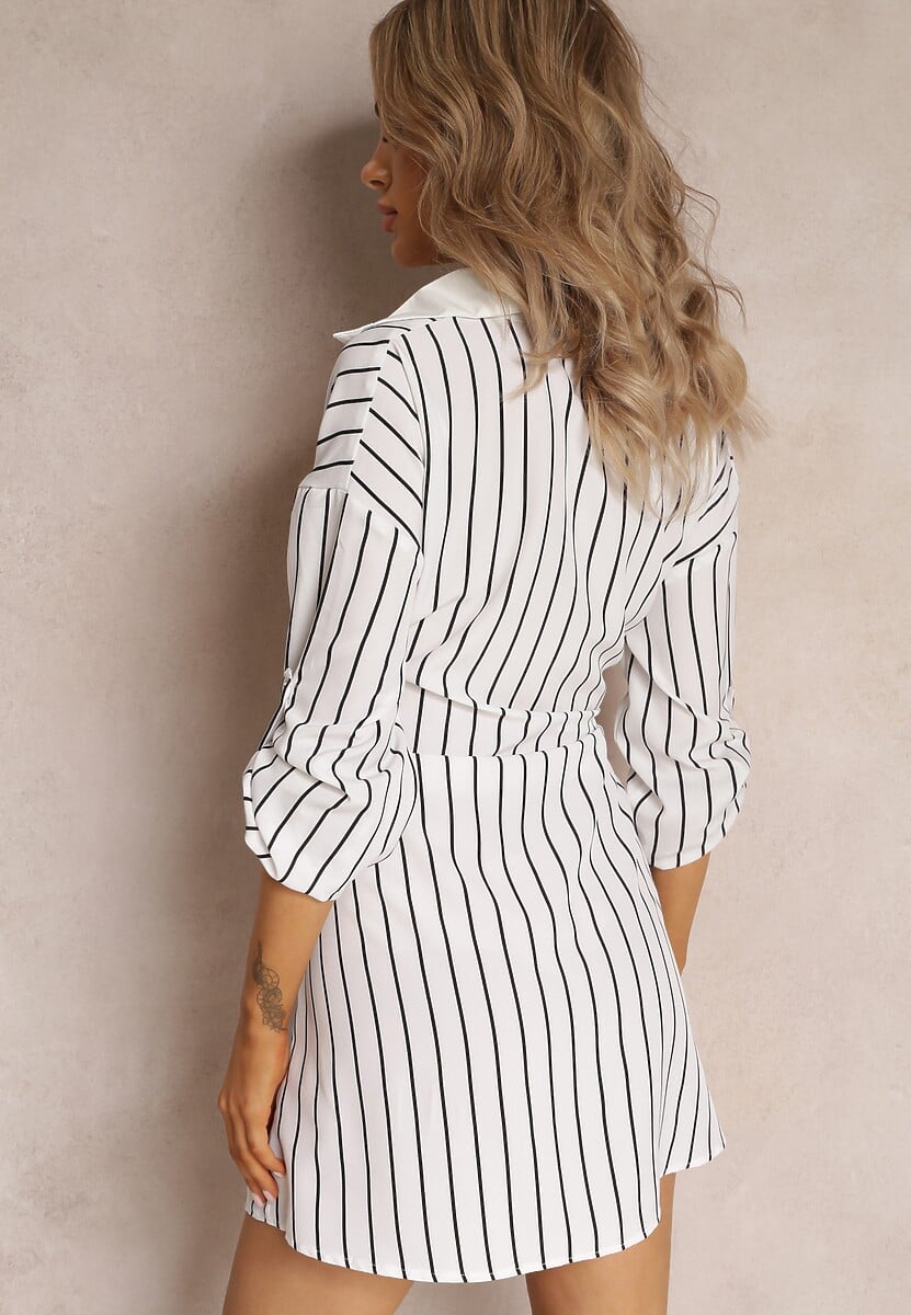 Biała Koszulowa Mini Sukienka z Wiskozy Wiązana w Pasie Fiammetta