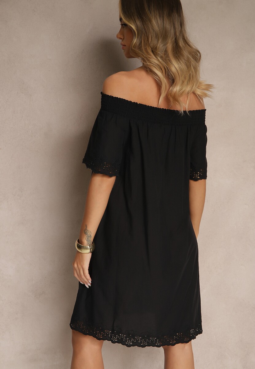 Czarna Sukienka o Kroju Hiszpanki z Bawełny z Ażurowymi Zdobieniami Filviana