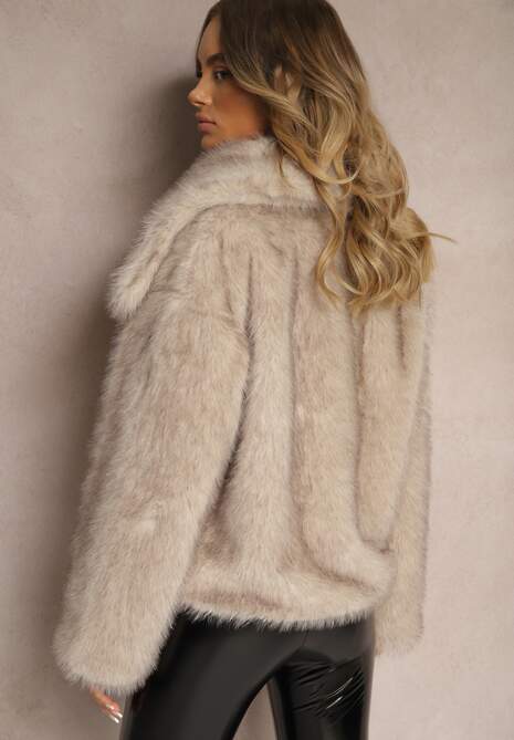 Beżowa Kurtka ze Sztucznego Futra Ozdobiona Kołnierzem Meriian