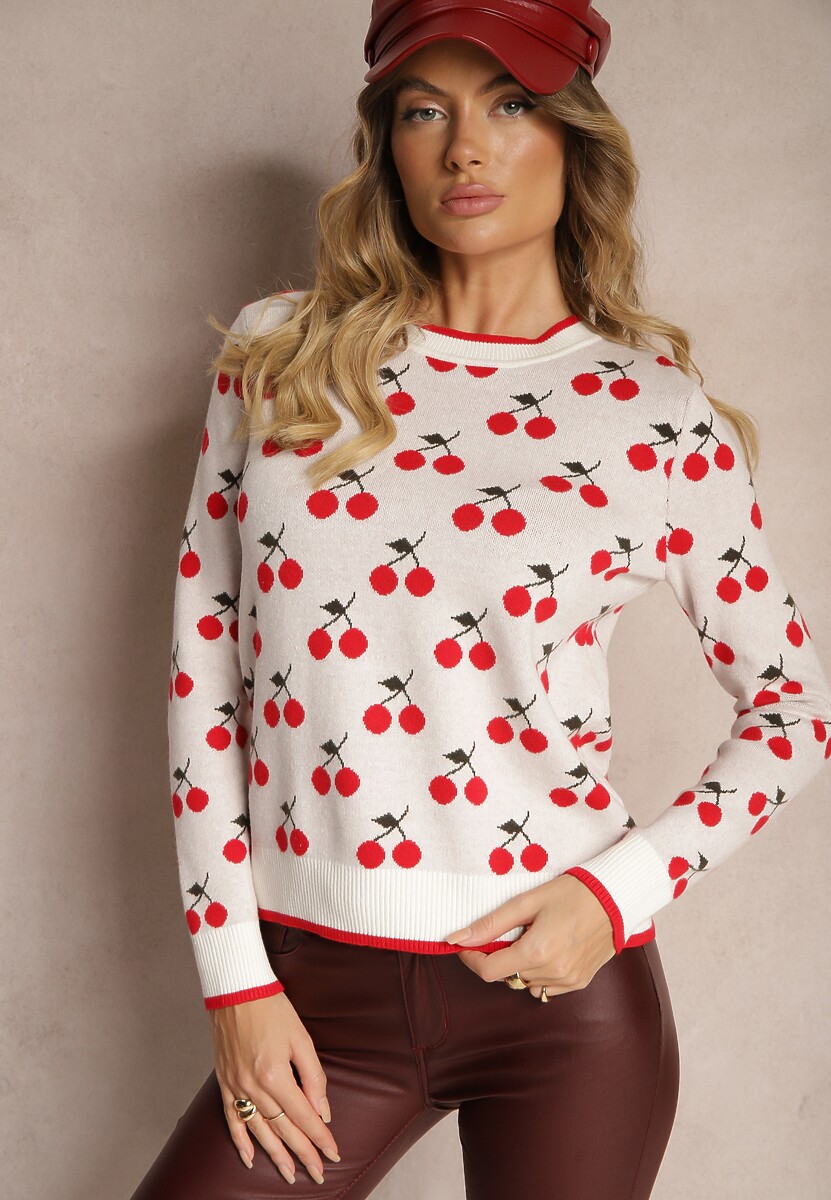 Biały Casualowy Sweter z Wiskozą Ozdobiony Printem w Wisienki Avattria