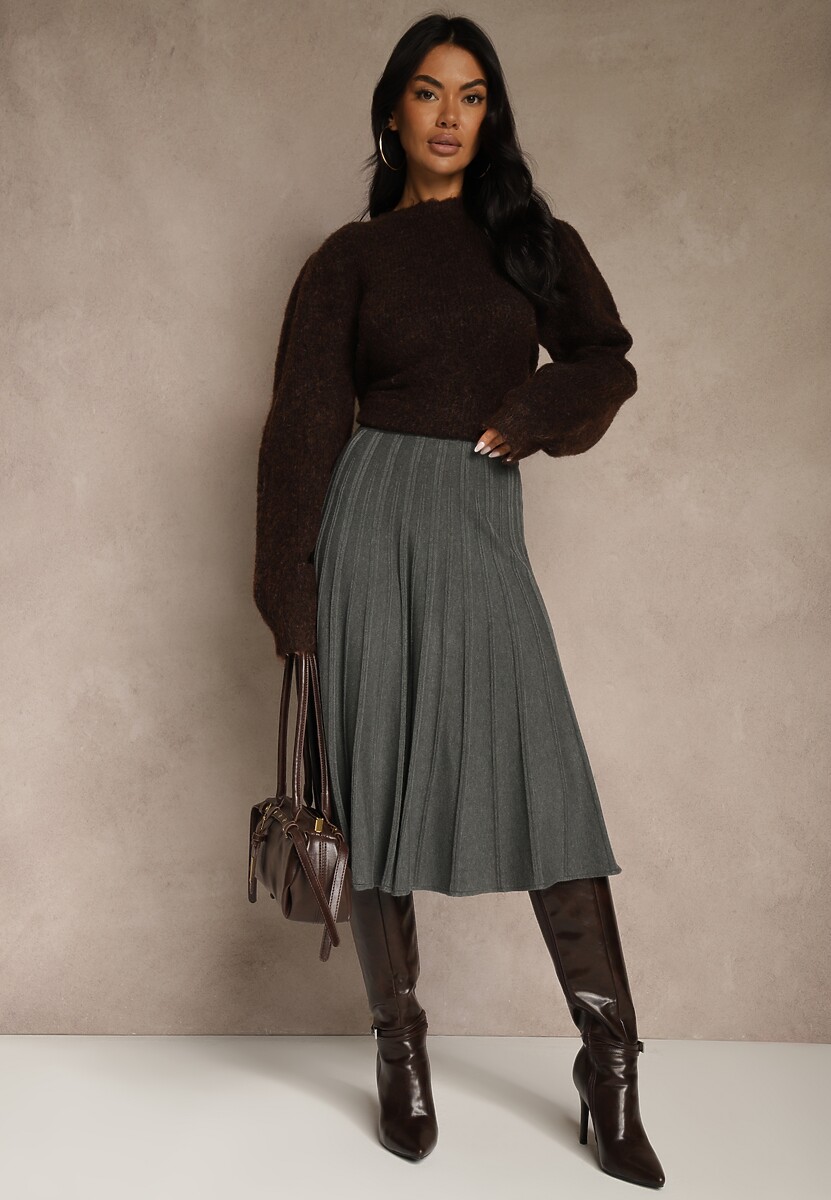 Beżowa Dzianinowa Spódnica Plisowana o Rozkloszowanym Kroju Tuswia