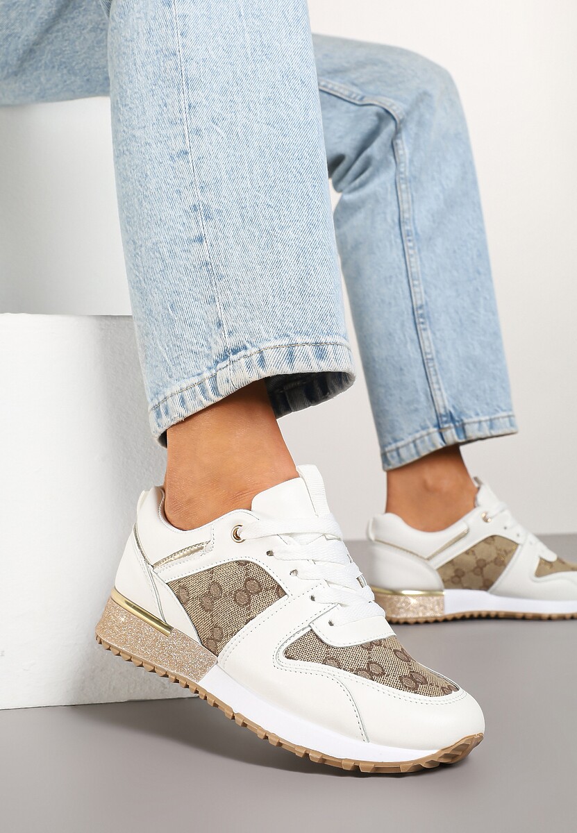 Biało-Brązowe Sneakersy Ozdobione Metaliczną Aplikacją i Przeszyciami Soltia