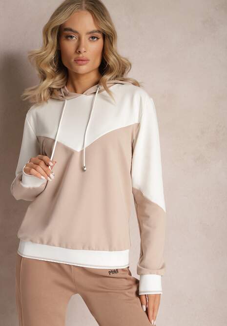 Beżowa Bawełniana Bluza z Geometrycznym Kolorowym Przeszyciem i Kapturem Vifia