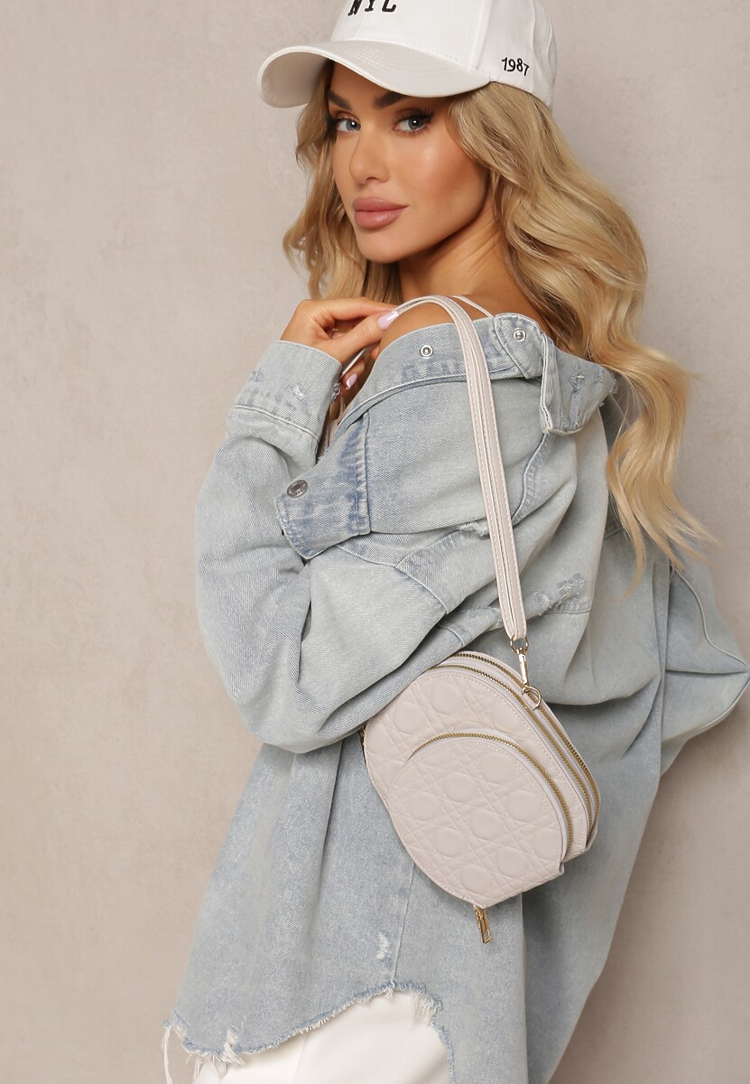 Szara Dwukomorowa Torebka Mała z Ozdobnym Pikowaniem Na Ramię Fujina