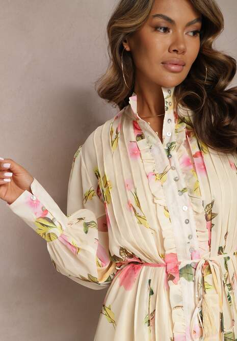 Jasnobeżowa Plisowana Sukienka Midi z Kwiatowym Wzorem z Paskiem i Guzikami Jazai