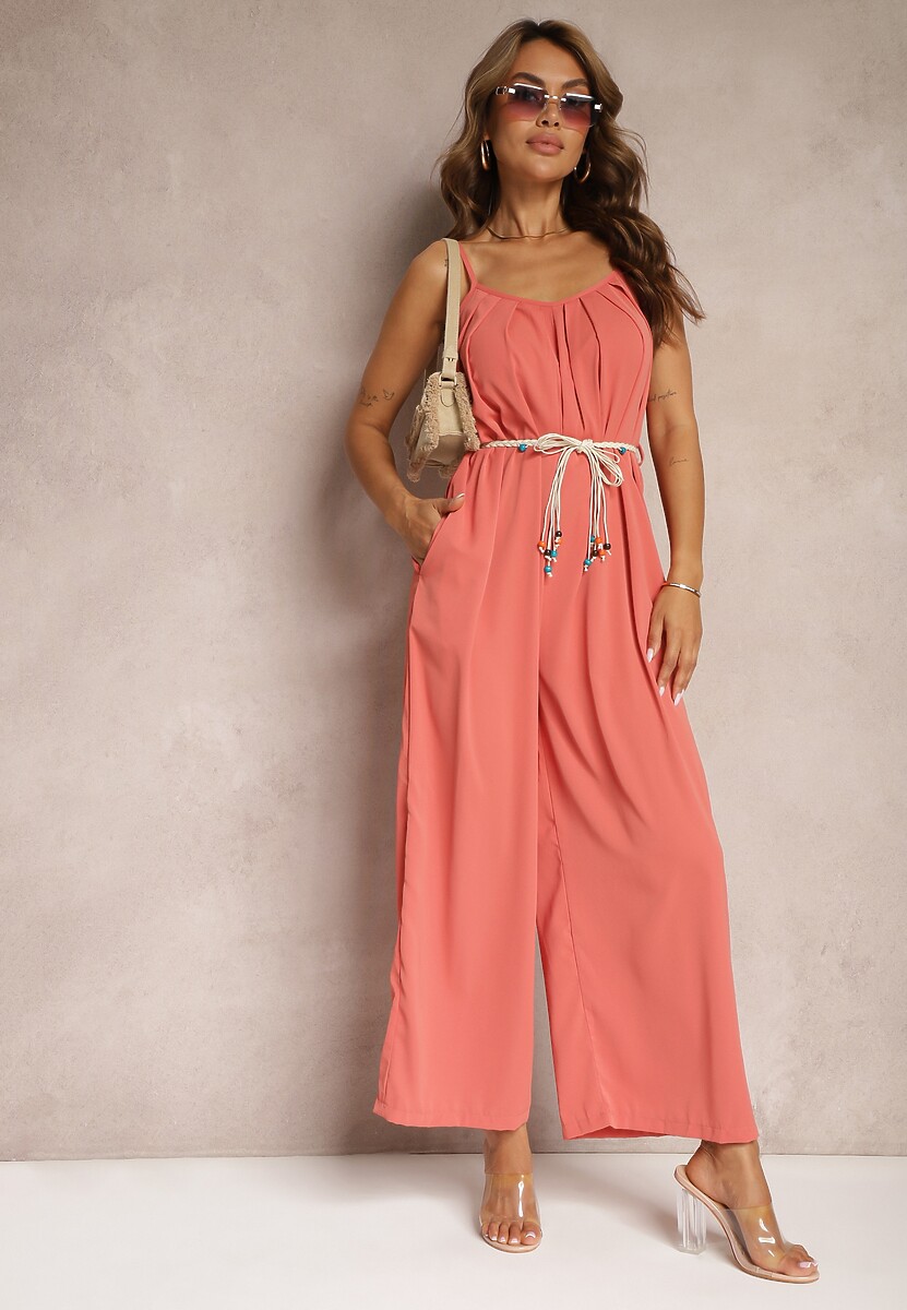 Pomarańczowy Kombinezon z Regulowanymi Ramiączkami Wiązany w Talii bez Ramiączek Juletta