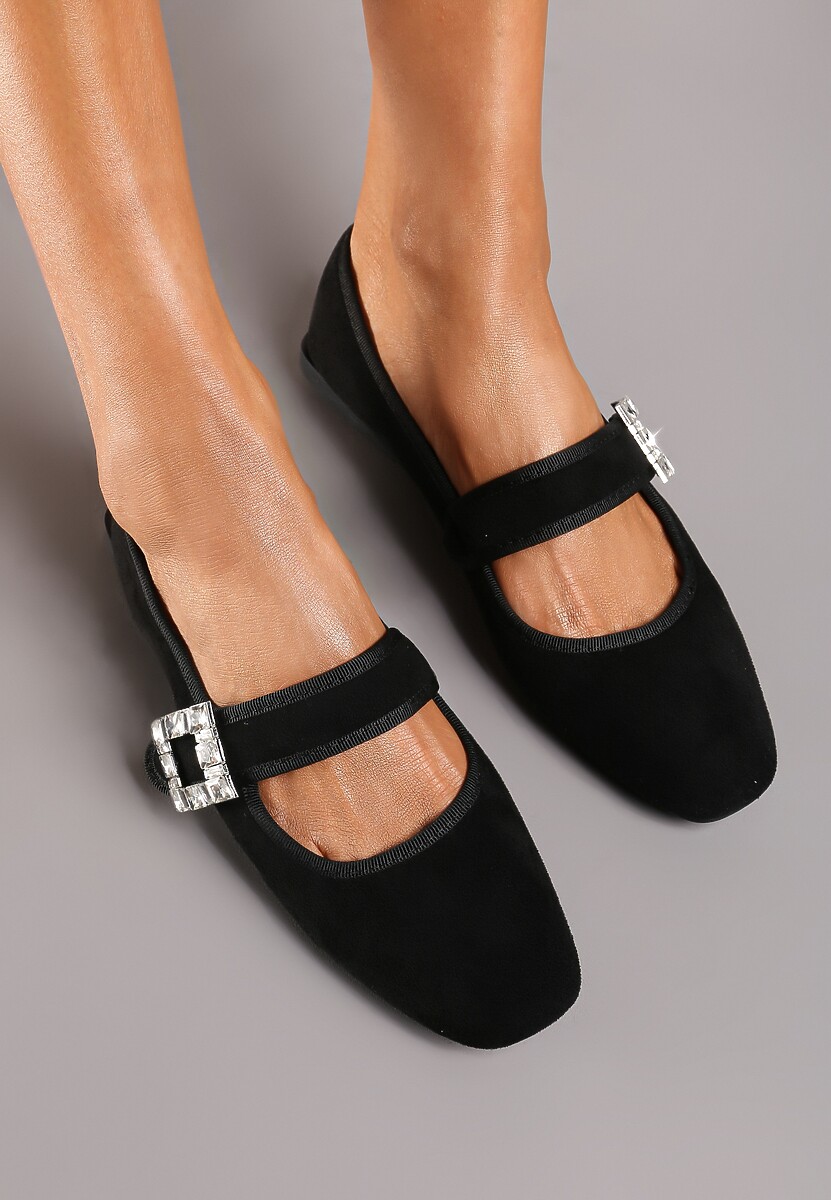 Czarne Balerinki na Płaskiej Podeszwie Zapinane na Rzep z Cyrkoniową Klamrą Evalitha