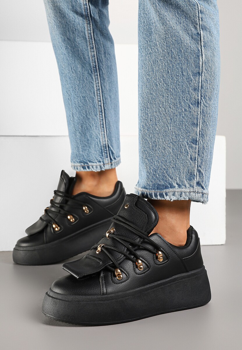 Beżowe Sneakersy na Platformie Ozdobione Wstawką i Rzemykami na Języku Barilsa