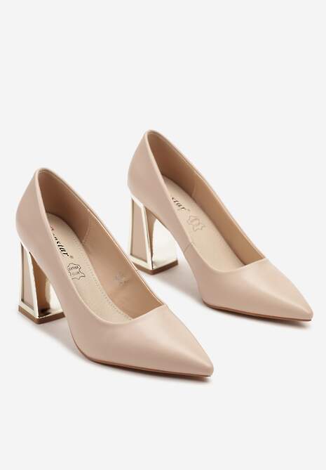 Beżowe Czółenka na Metalicznym Obcasie z Wkładką ze Skóry Naturalnej Ivelseki