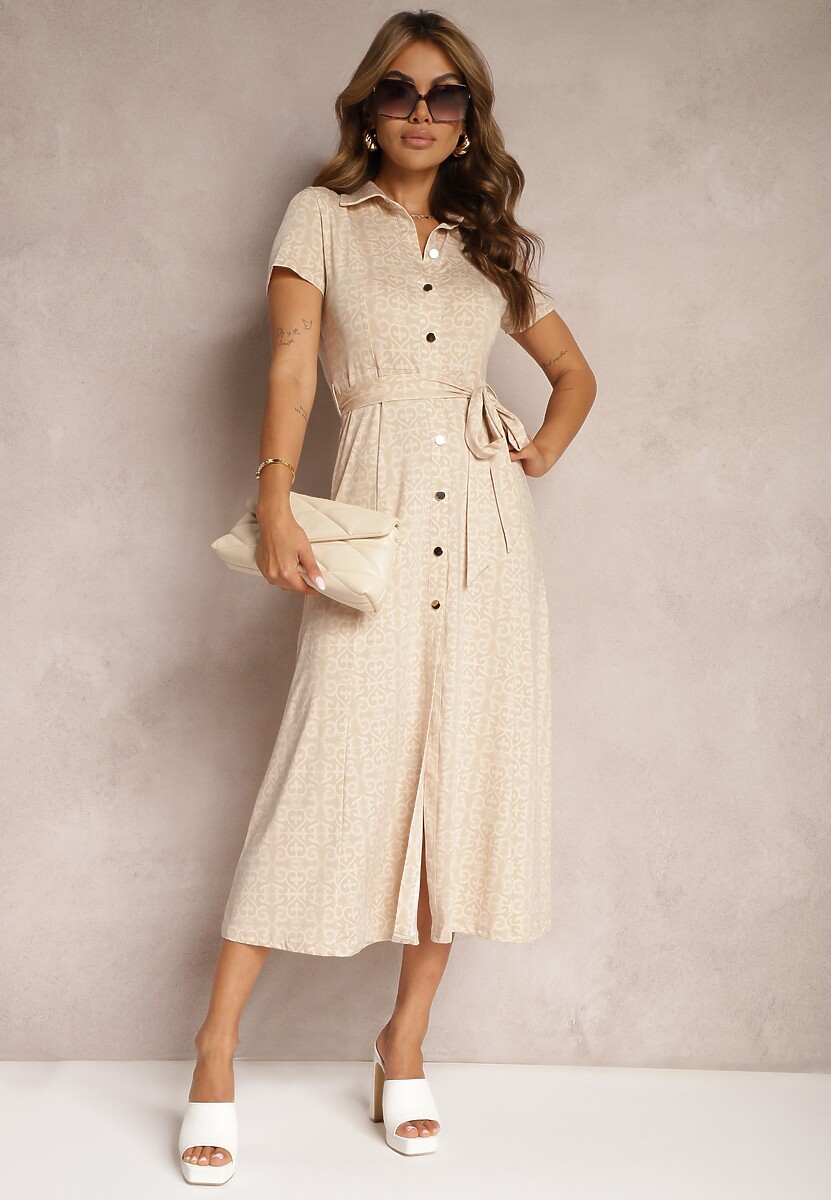 Beżowa Rozkloszowana Sukienka o Koszulowym Kroju z Guzikami i Materiałowym Paskiem w Talii Lranea