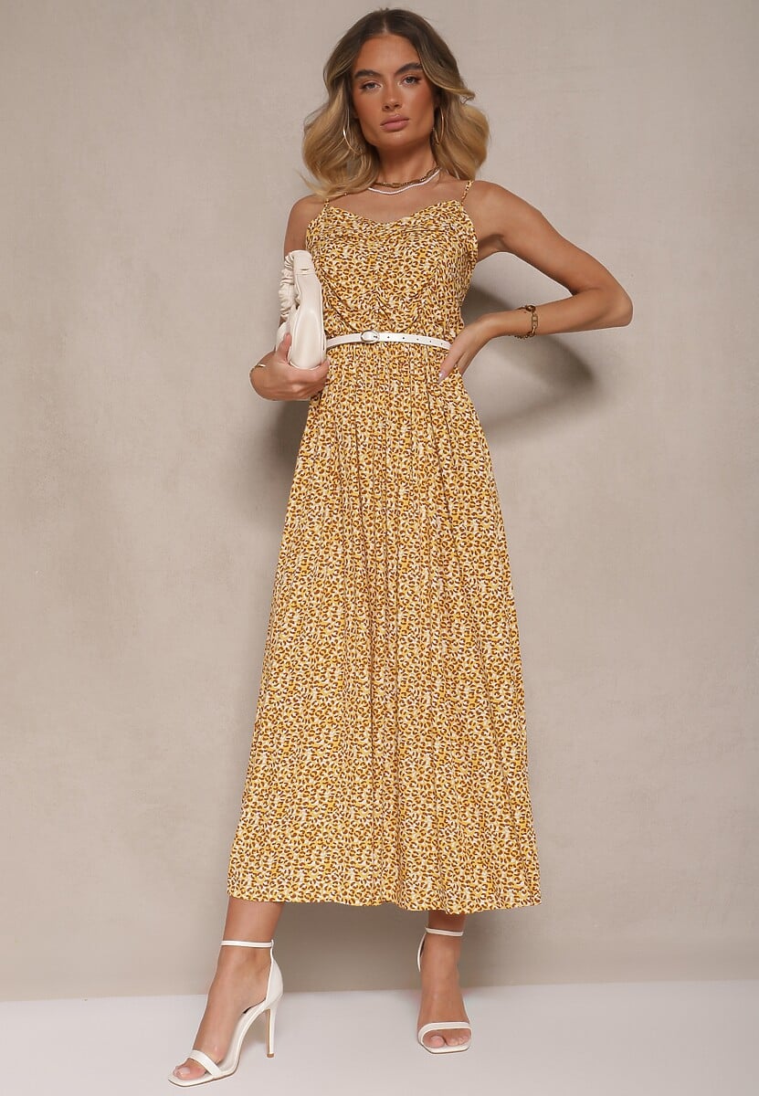 Żółta Rozkloszowana Sukienka z Bawełny na Ramiączkach Jenarissea