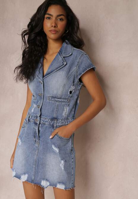 Niebieska Sukienka Mini z Jeansu z Dziurami i Dużym Kołnierzem Victori
