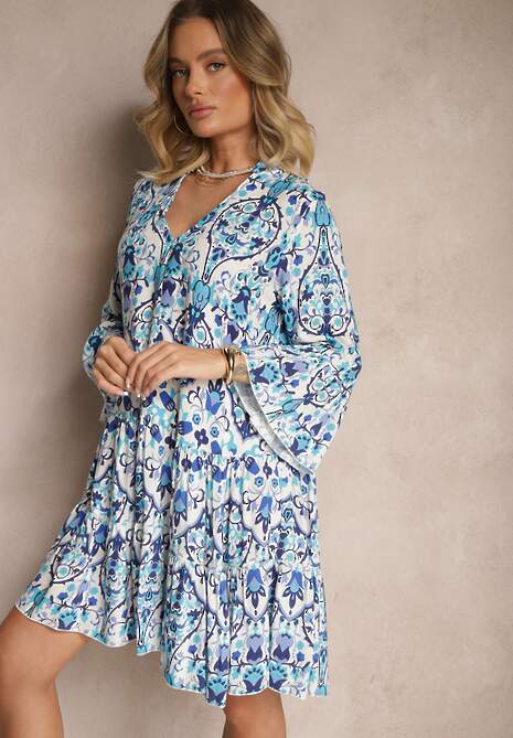 Niebieska Sukienka z Wiskozą o Rozkloszowanym Kroju w Etniczny Print Aledia