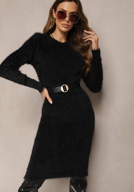 Czarna Sweterkowa Sukienka Midi Puchowa Dzianina z Wełną Breixate