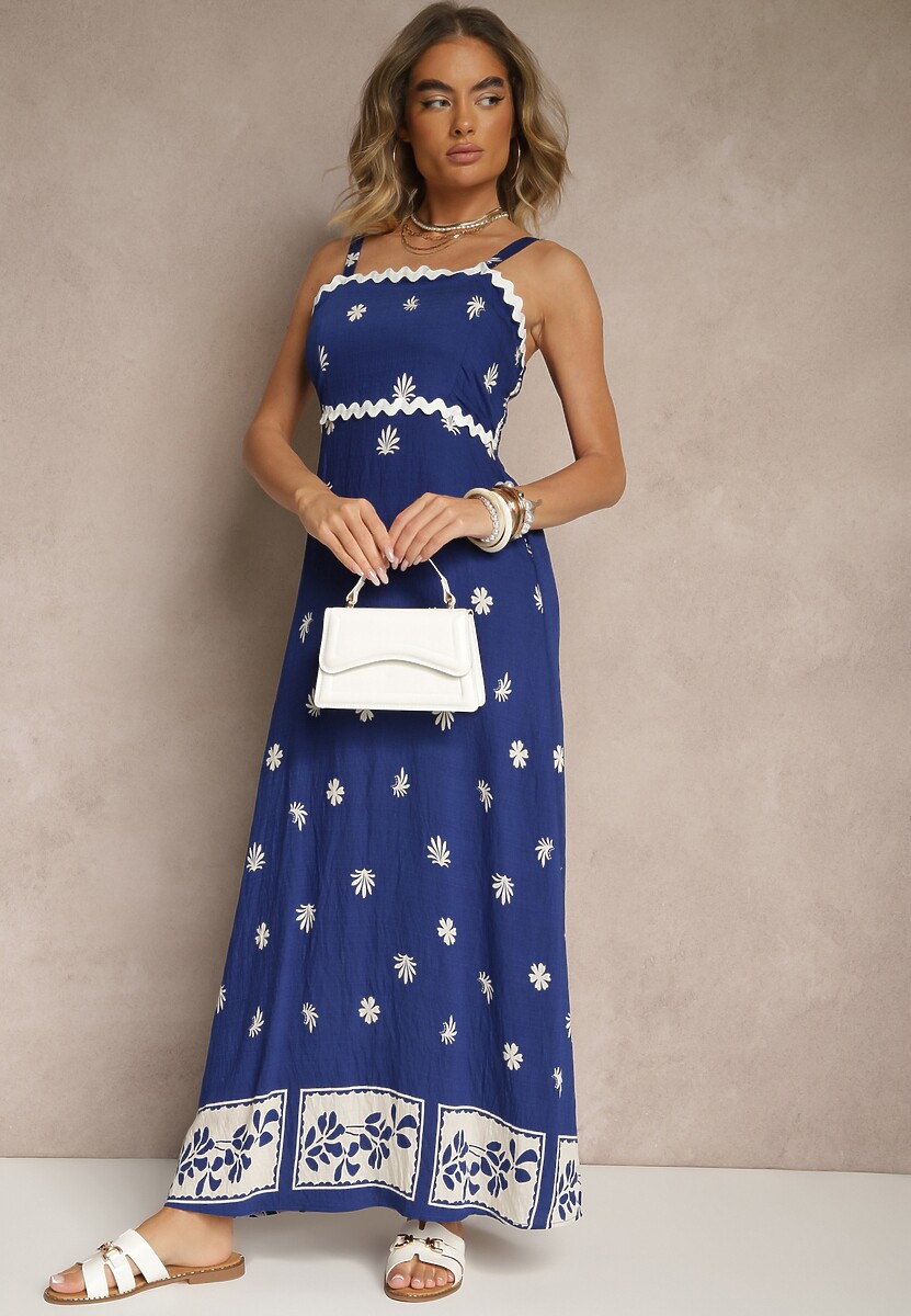 Granatowa Sukienka z Wiskozy Ozdobiona Geometrycznym Motywem Lunessa