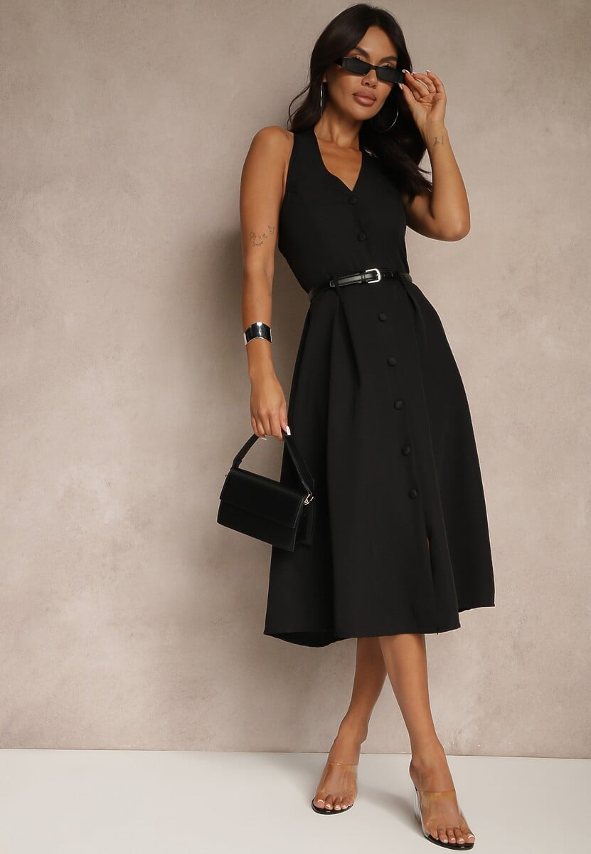 Czarna Rozkloszowana Sukienka z Guzikami Folunira