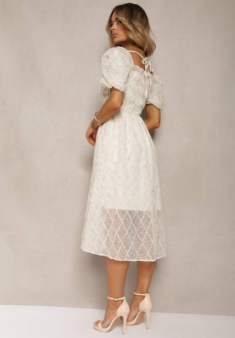 Beżowo-Niebieska Sukienka z Marszczonym Dekoltem o Rozkloszowanym Kroju z Bufiastymi Rękawami Vikirrena