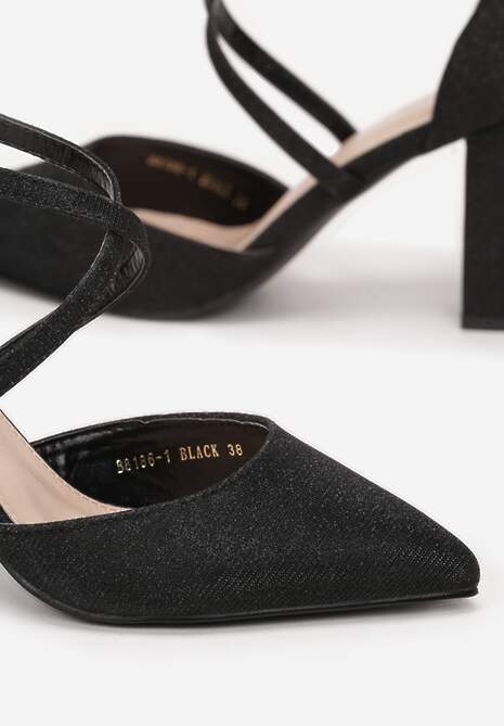 Czarne Brokatowe Czółenka na Słupku ze Sprzączką Yaslyn