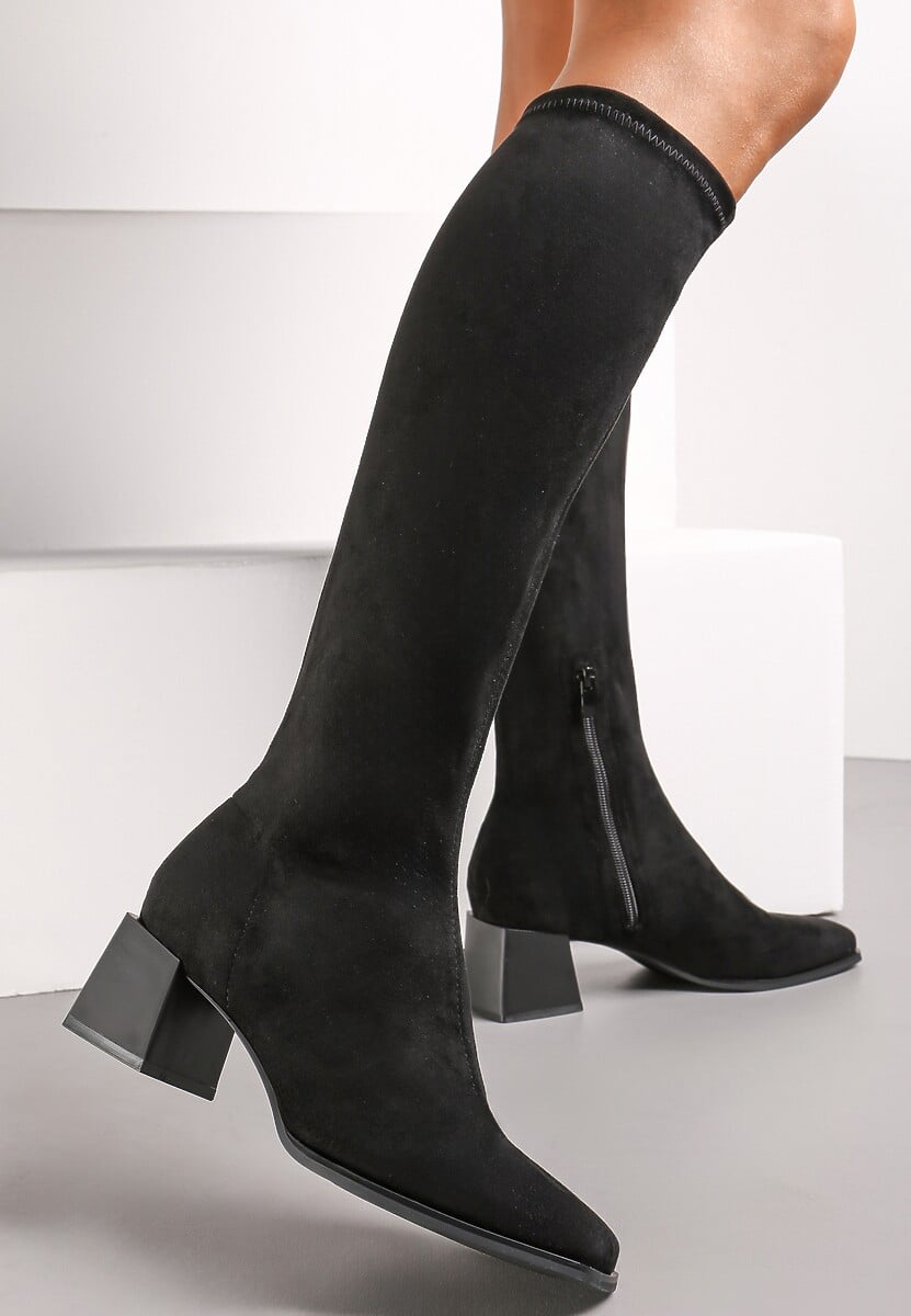 Brązowe Kozaki na Słupku z Imitacji Zamszu Haziela