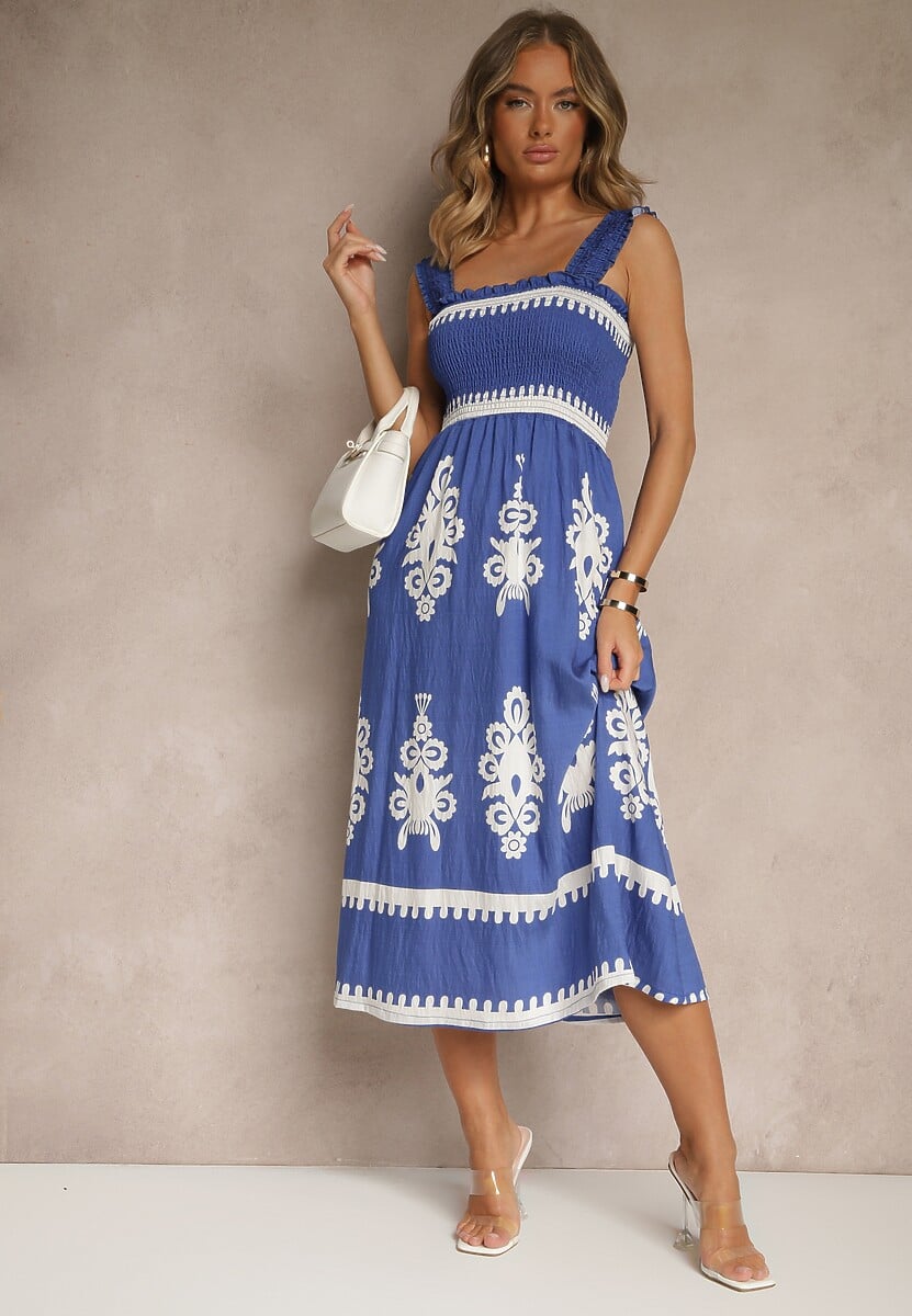 Niebieska Rozkloszowana Sukienka z Wiskozy z Ornamentnym Motywem Aloxe