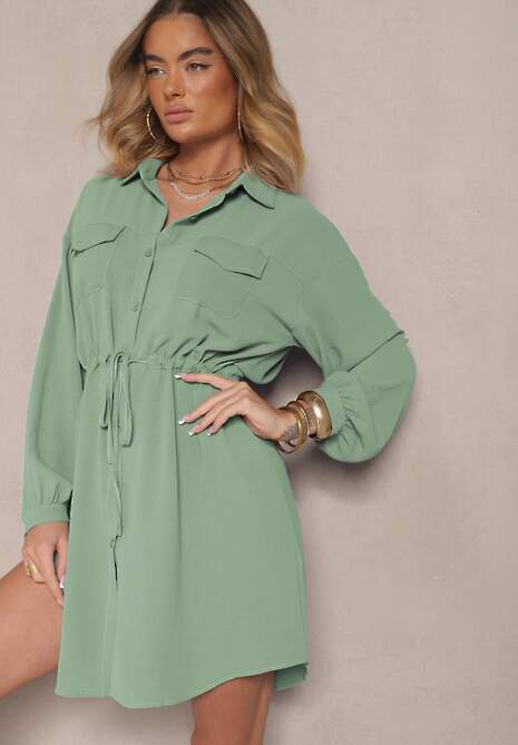 Zielona Sukienka Koszulowa z Bawełną Ozdobiona Wiązaniem Uladrisa