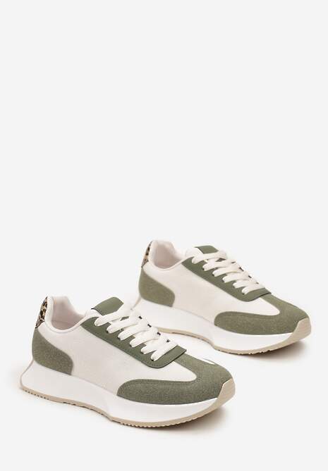 Biało-Zielone Sneakersy na Grubej Podeszwie z Ozdobnymi Przeszyciami i Sznurowaniem Filmia