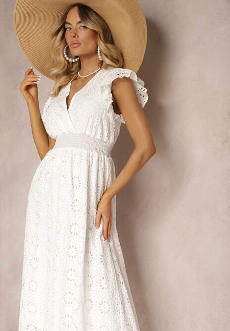 Biała Rozkloszowana Sukienka z Bawełny Ozdobiona Ażurowym Wzorem i Gumką w Talii Elafrea