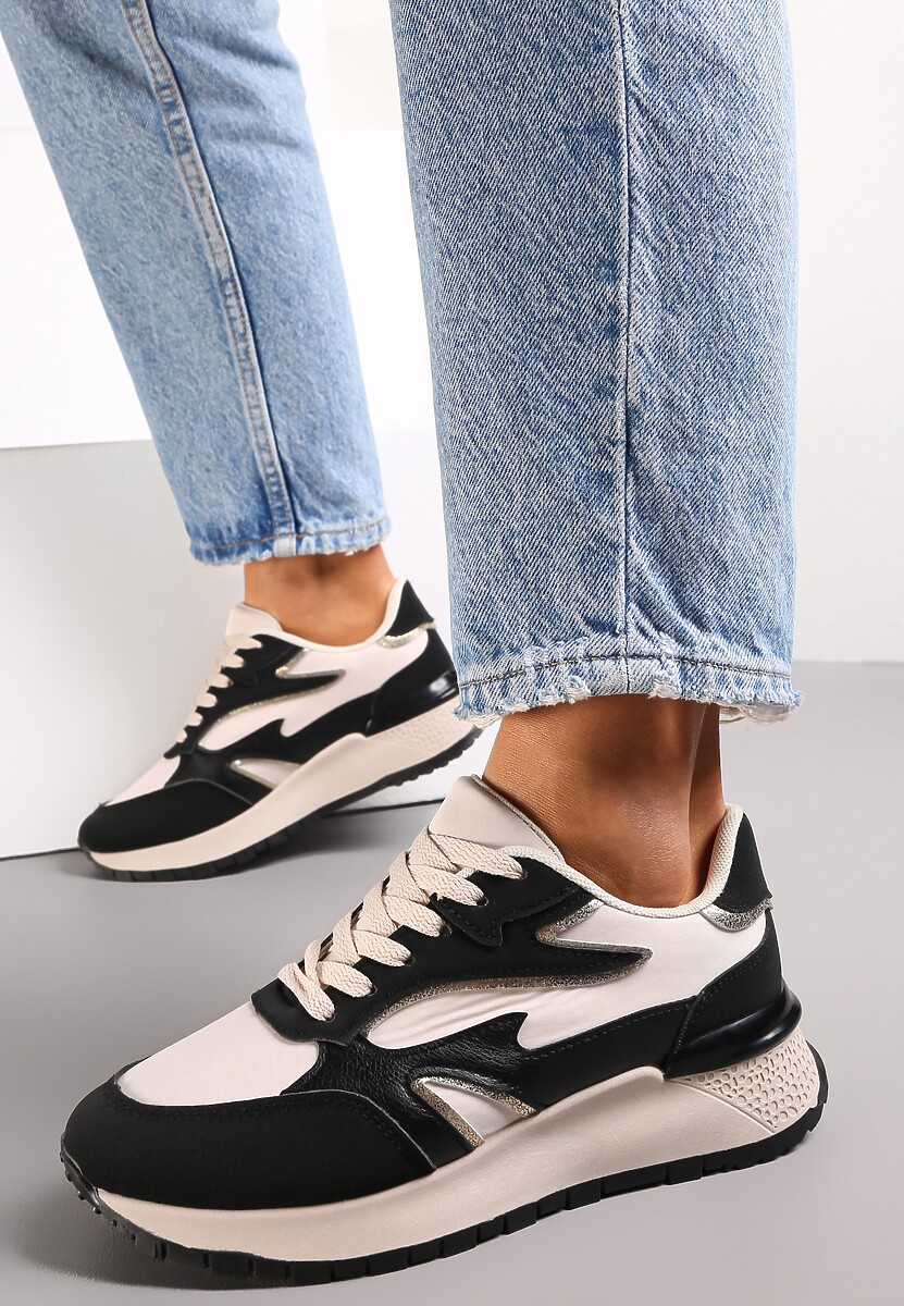 Czarne Sznurowane Sneakersy na Grubej Podeszwie Kylynn