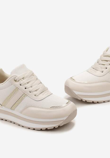 Beżowe Sneakersy na Podeszwie w Paski z Metalicznymi Wstawkami i Siateczką Silenalo