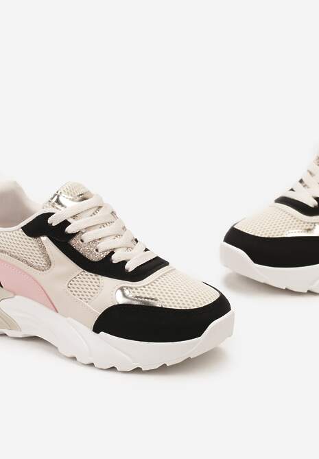 Beżowo-Czarne Sneakersy z Metalicznymi i Siateczkowymi Wstawkami Efalia