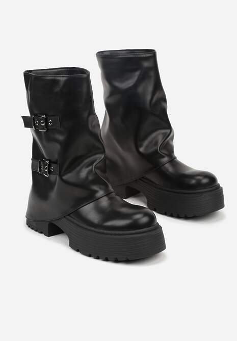 Czarne Botki Biker Vices z Wywiniętą Cholewką Platformą i Klamrami Reinila