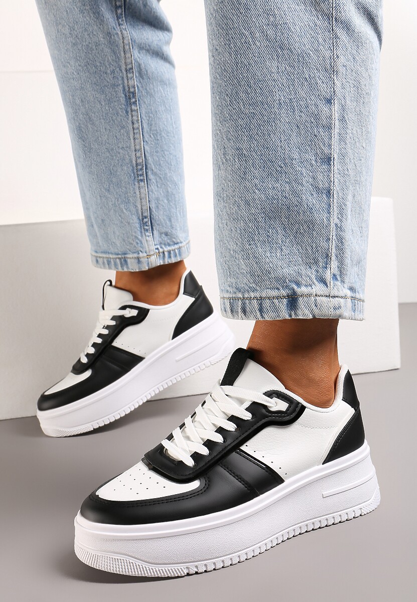 Biało-Czarne Sznurowane Sneakersy na Grubej Podeszwie Salsabil