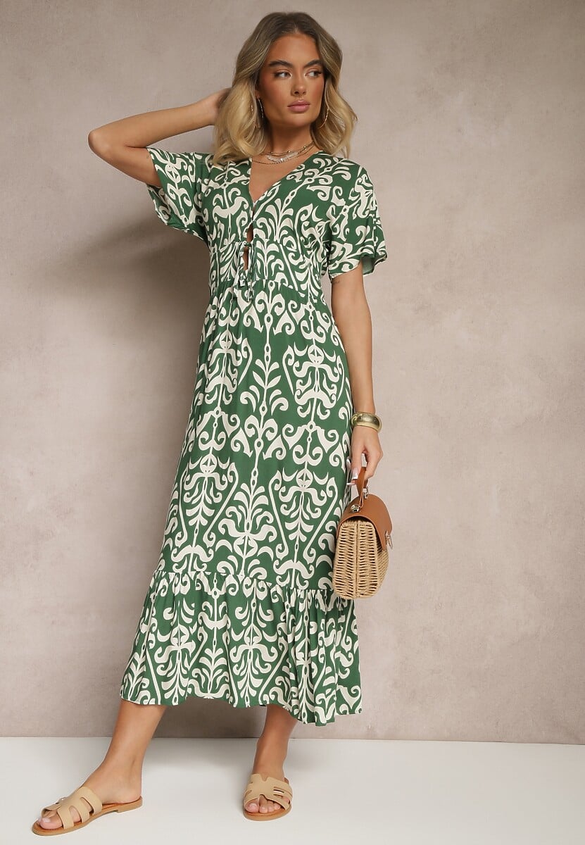 Zielona Wiskozowa Sukienka z Abstrakcyjnym Wzorem Tuledia
