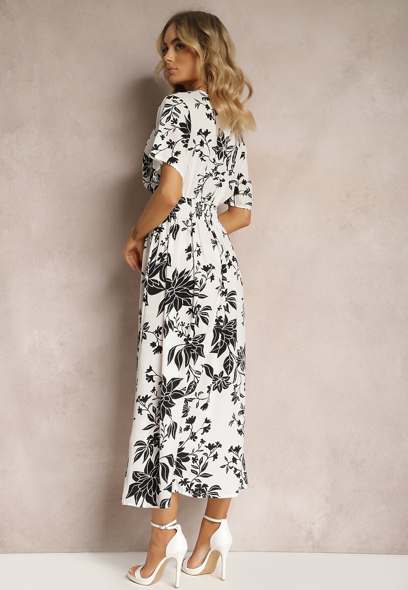 Biało-Czarna Rozkloszowana Sukienka Kopertowa z Kwiatowym Wzorem Mareal