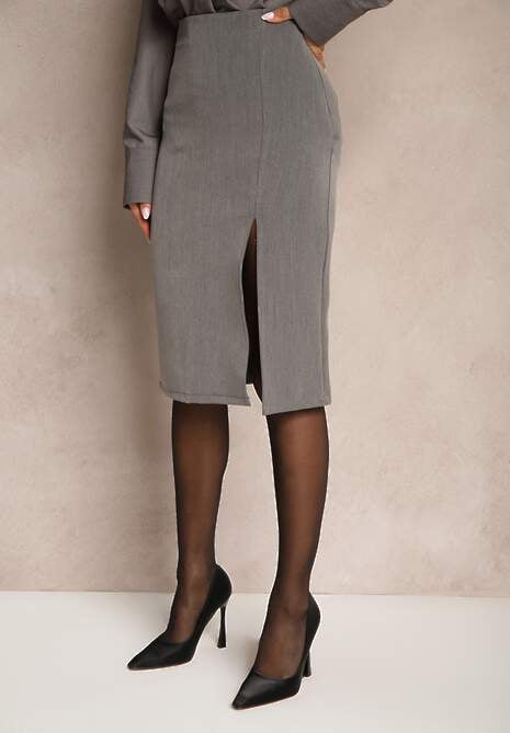 Szara Ołówkowa Spódnica Midi z Rozcięciem Arathora