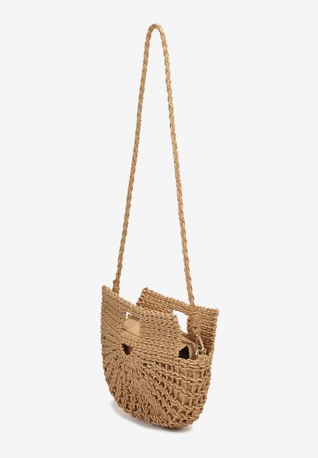 Ciemnobeżowa Jednokomorowa Pleciona Torebka o Półokrągłym Kształcie z Rączkami i Paskiem Iknunia
