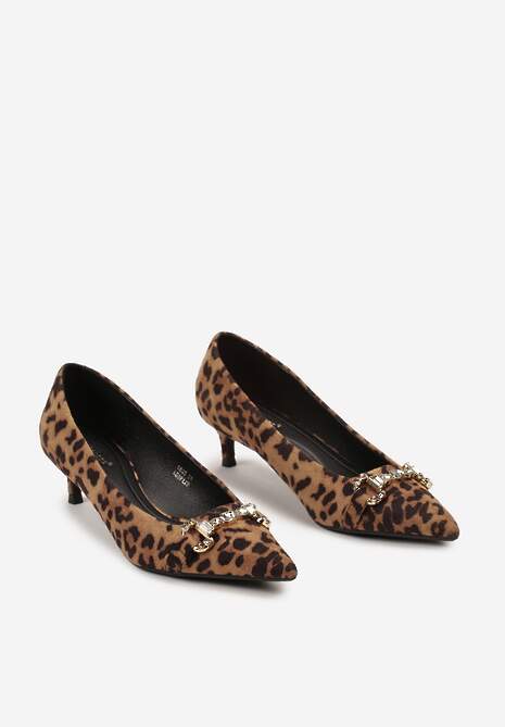 Brązowe Czółenka na Obcasie Kaczuszka Wykończone Metaliczną Aplikacją Melmora