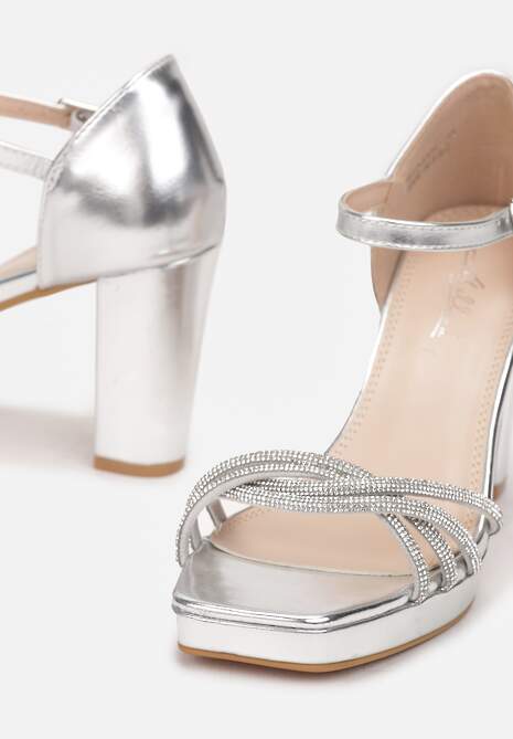Srebrne Sandały na Słupku z Kwadratowym Noskiem i Biżuteryjnymi Paskami Eteas